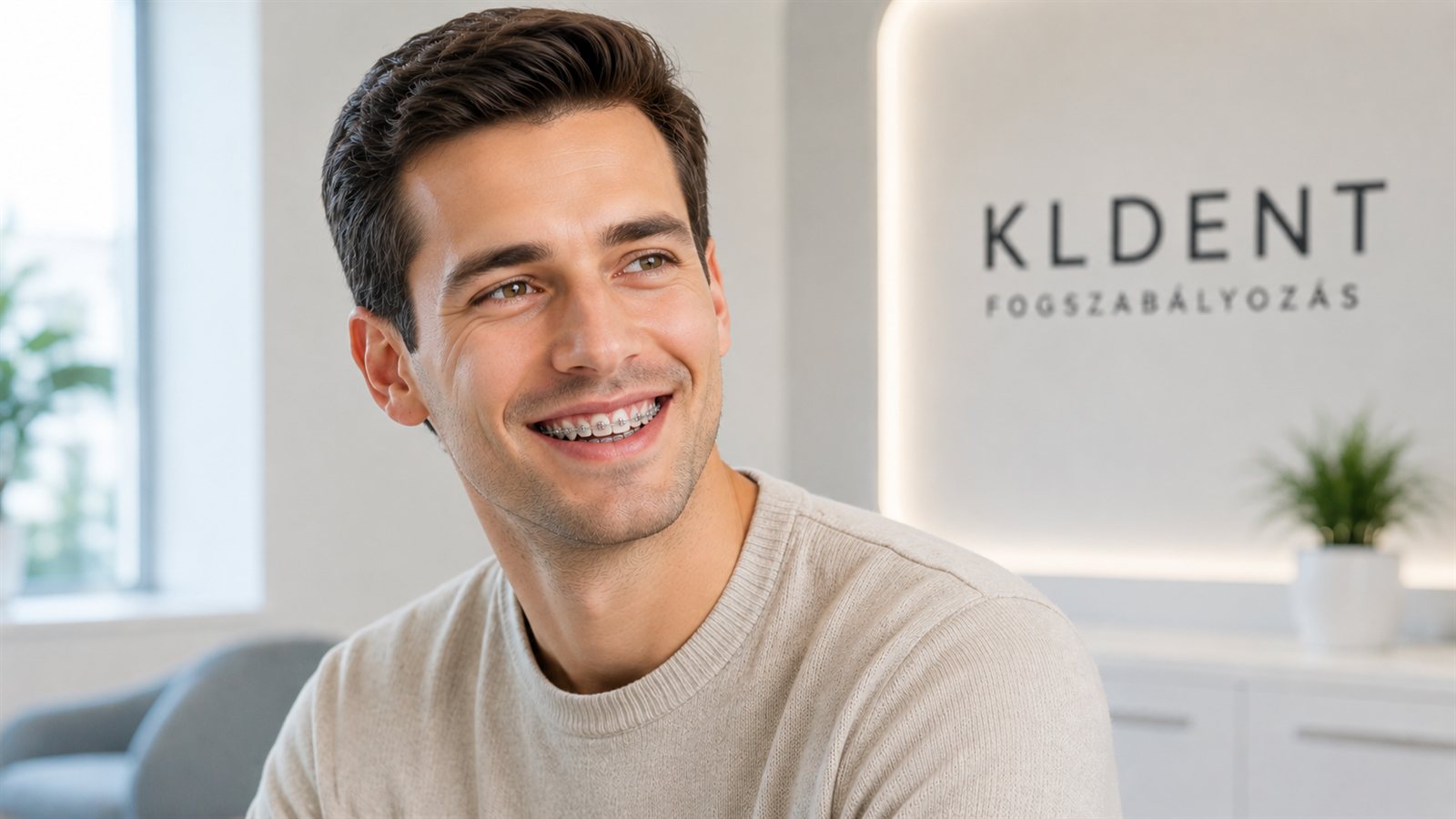 Mosolygó fiatal férfi fém fogszabályzóval a KLDENT rendelőjében